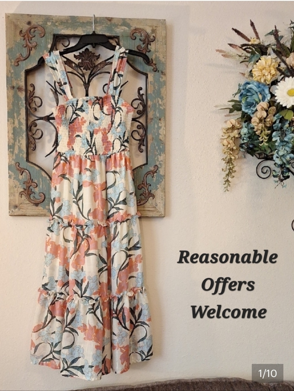 Smocked Floral Maxi Dress in Cream with Peach & Light Blue. NWOT Size Small